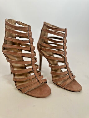 BCBGeneration Blush Suede Cage Sandal Heels Size 6.5 Strappy Stiletto Pumps